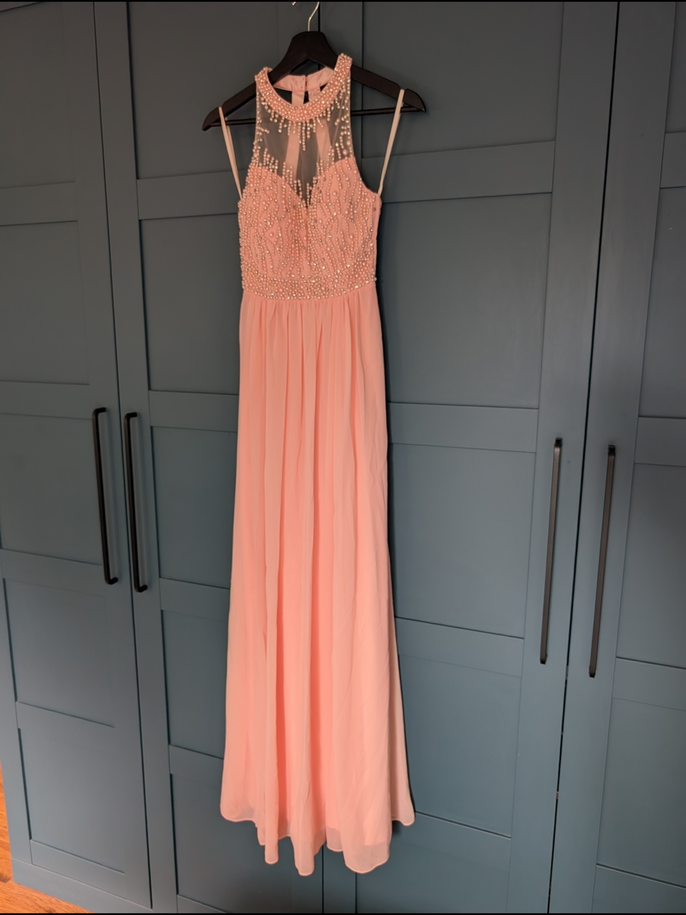 NWT Le Château Blush Pink Pearl Beaded Halter Formal Gown | XXS - Picture 6 of 11